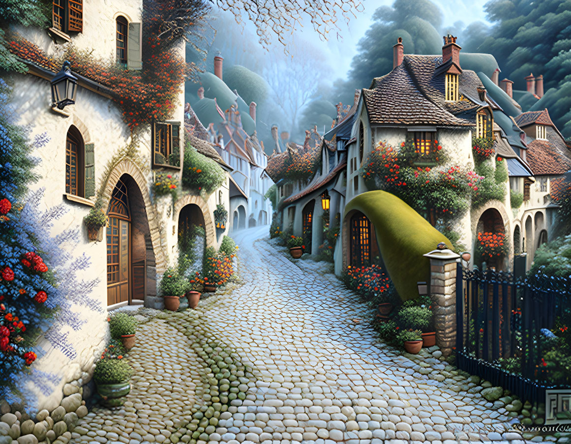 Picturesque cobblestone street in quaint village with climbing plants and misty forest backdrop