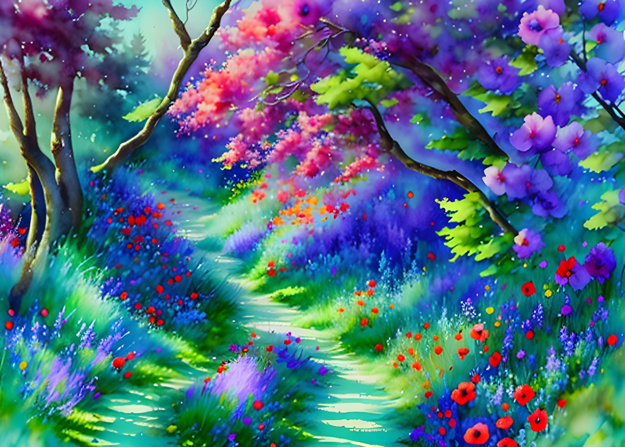 Whimsical forest path watercolor painting with colorful flowers.