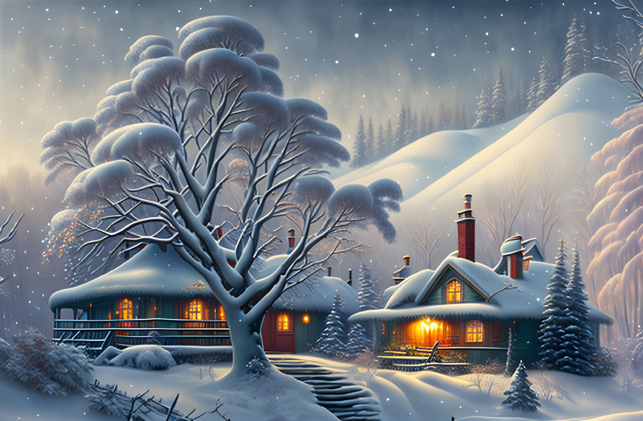 Snowy Night Cottage with Tree and Hills Scenery