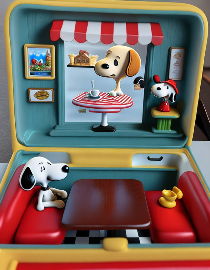 Whimsical Snoopy-themed lunchbox interior with waiter Snoopy and café decor