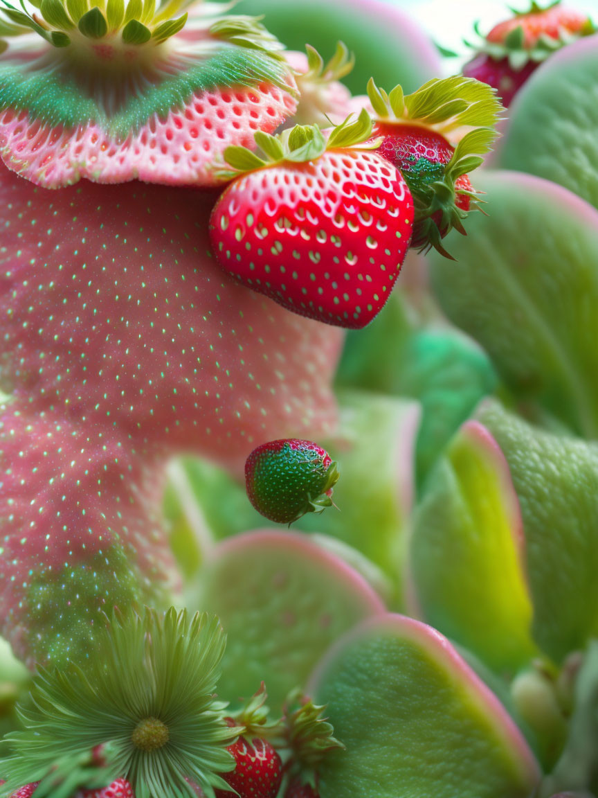 Assorted sizes of ripe strawberries on leafy background.