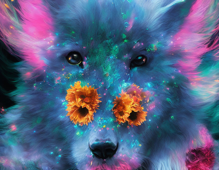 Multicolored digital artwork: Wolf with flowers in neon hues