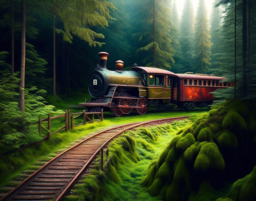 Vintage Steam Train on Lush Forest Track with Green Moss and Towering Trees