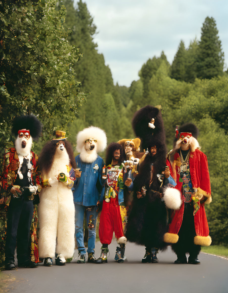 People in Animal-Themed Masks in Forest Setting