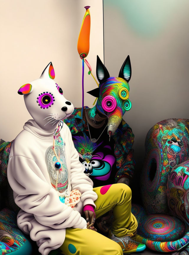 Vibrant surreal artwork featuring anthropomorphic cat and dog in psychedelic colors