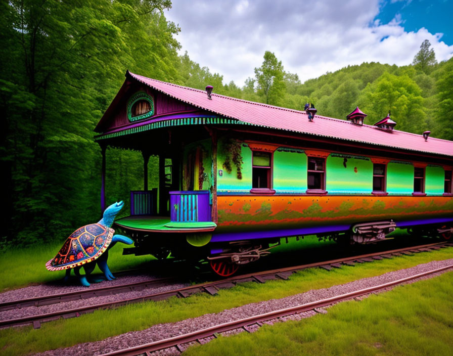 Colorful Train Carriage and Turtle Sculpture in Lush Setting