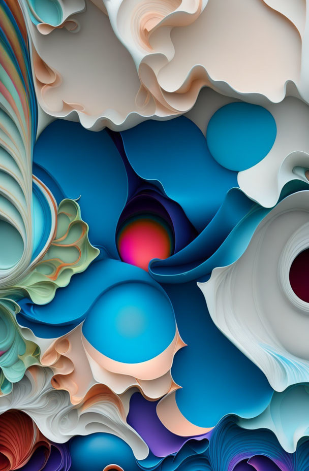 Blue and White Swirling Digital Artwork with Warm Hues