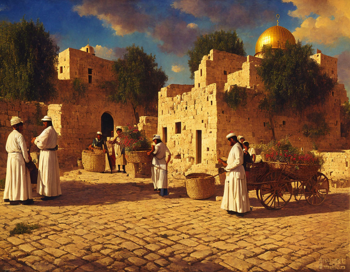 Historical scene of people in traditional attire trading near stone buildings with Dome of the Rock.