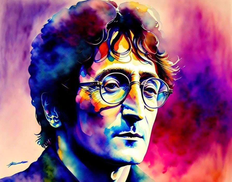 Vibrant portrait of a male with round glasses and wavy hair on psychedelic backdrop