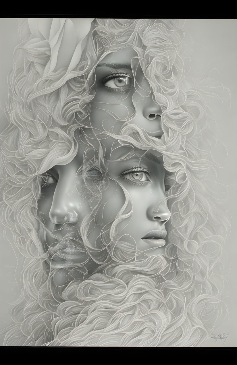 Detailed monochromatic artwork of three overlapping faces with expressive eyes and curly hair.