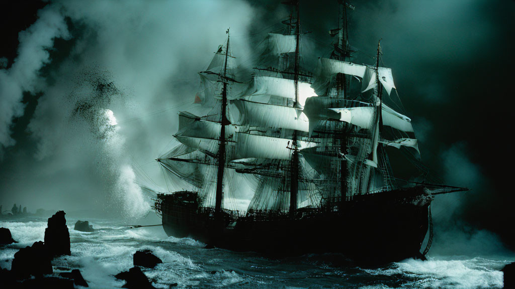 Sailing ship navigating stormy seas at night