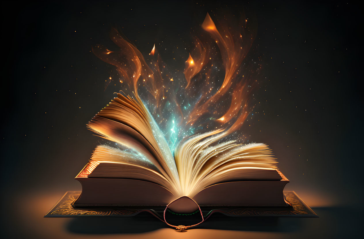 Book pages become fiery phoenix wings on dark background