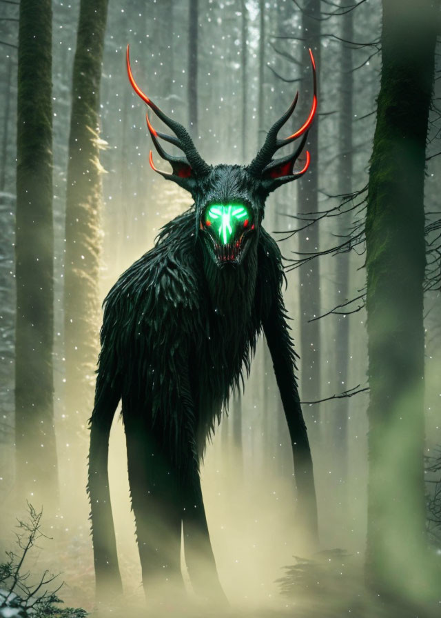 Mystical creature with glowing green eyes and red antlers in eerie woods