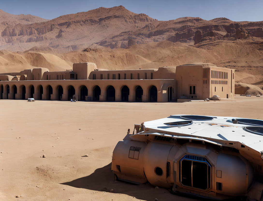 Futuristic spacecraft crash-landed near desert fort with arched entrances