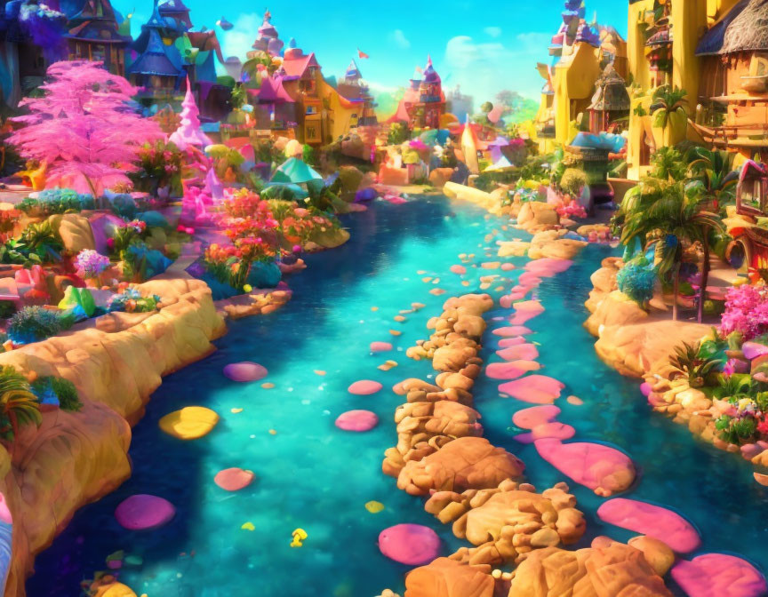 Colorful River Scene with Pink Flora and Fantasy Ambiance