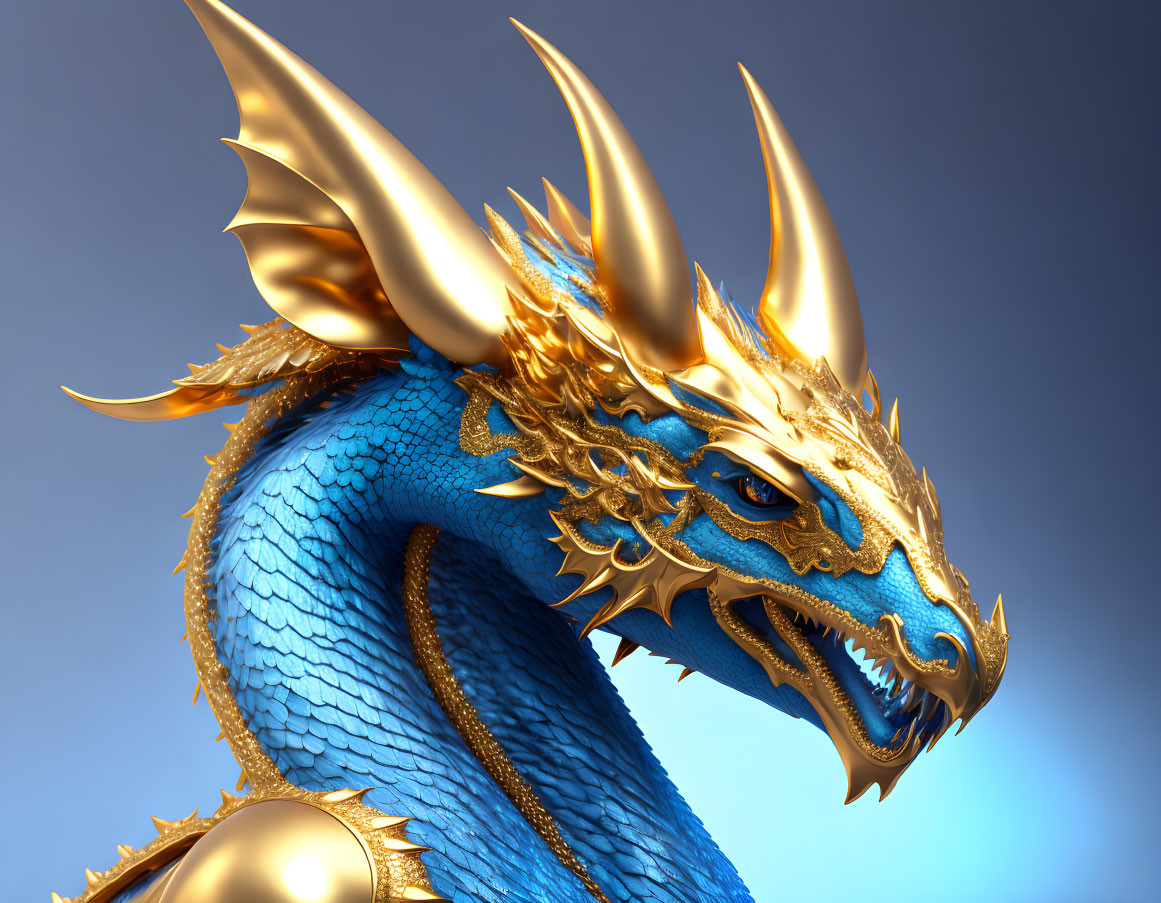 Detailed 3D illustration: Blue dragon with golden horns and spikes on gradient blue backdrop