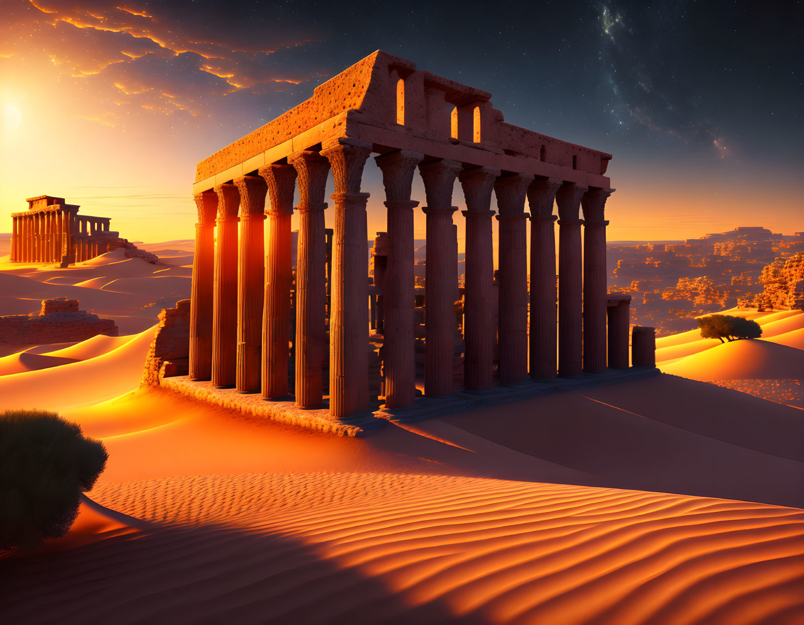 Ancient ruins in golden desert under twilight sky