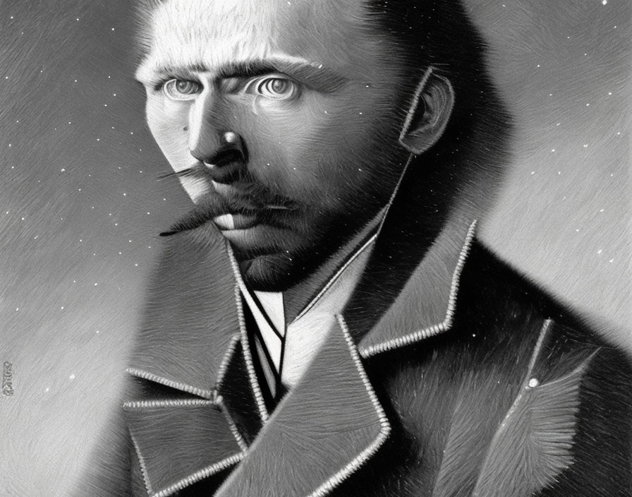 Monochrome drawing of a bearded man in vintage military attire smoking pipe