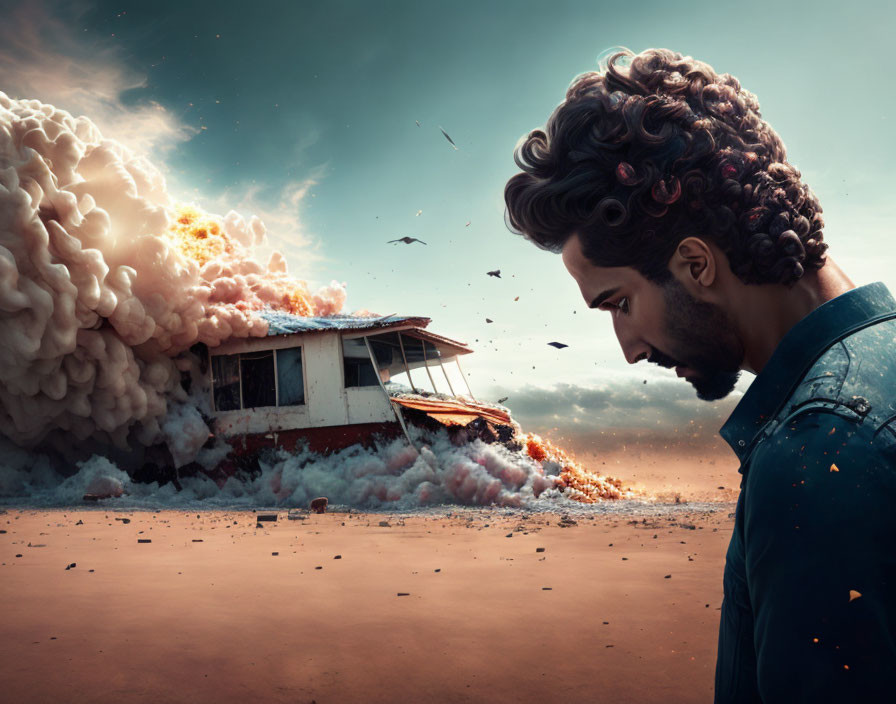 Curly-Haired Man in Jacket Against Explosive Scene with Boat and Stormy Sky