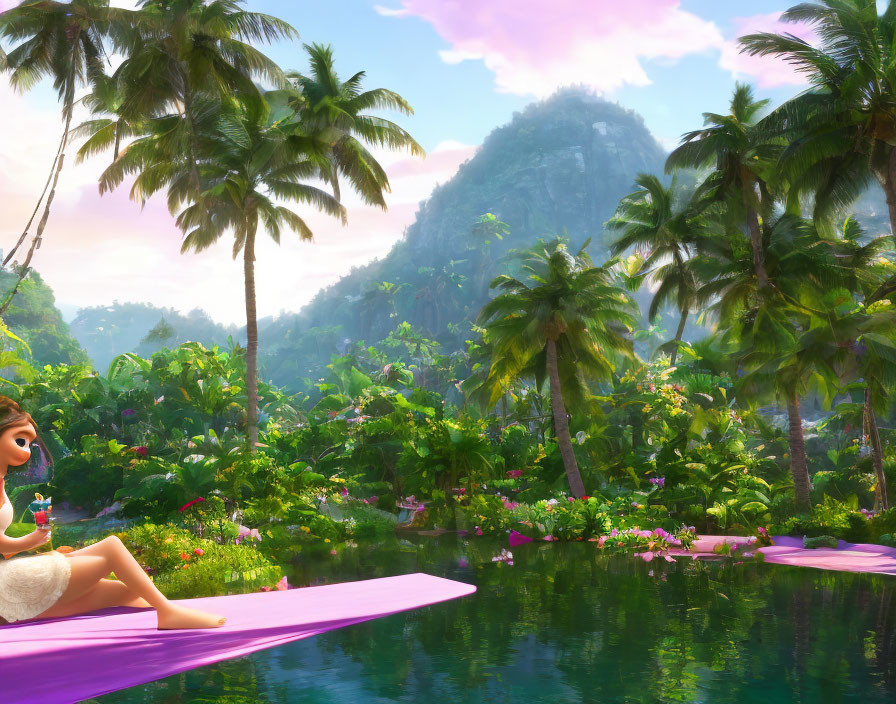 Animated girl on purple mat in lush tropical river landscape
