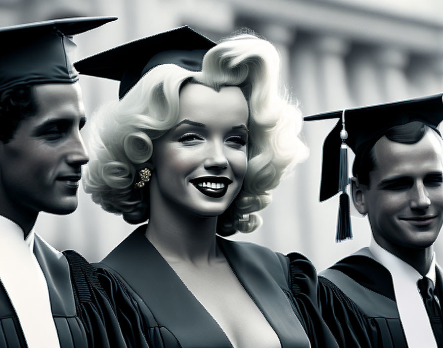 Graduates in Caps and Gowns with Retro-Styled Woman