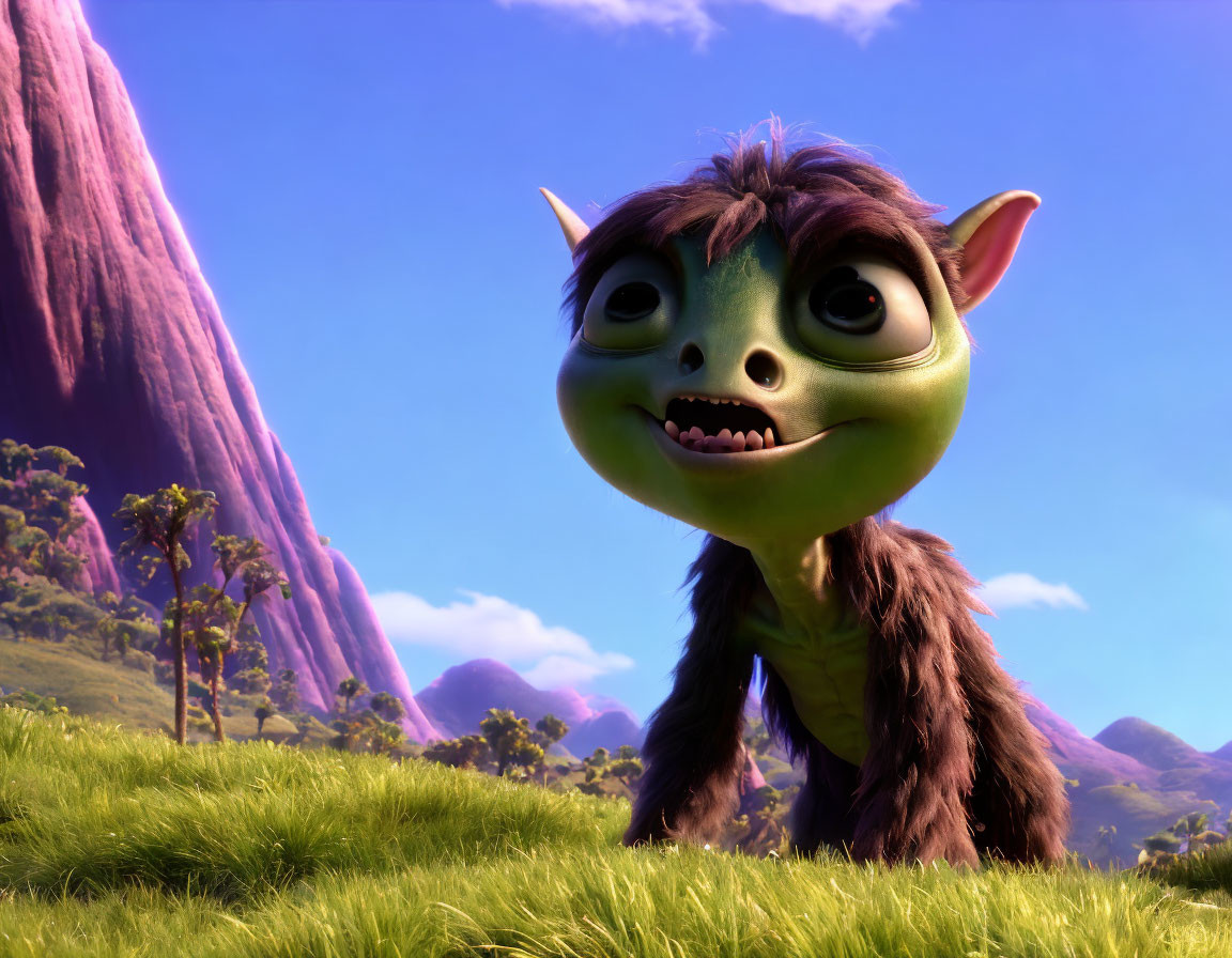 Green-skinned creature with horns in grassy field with mountains