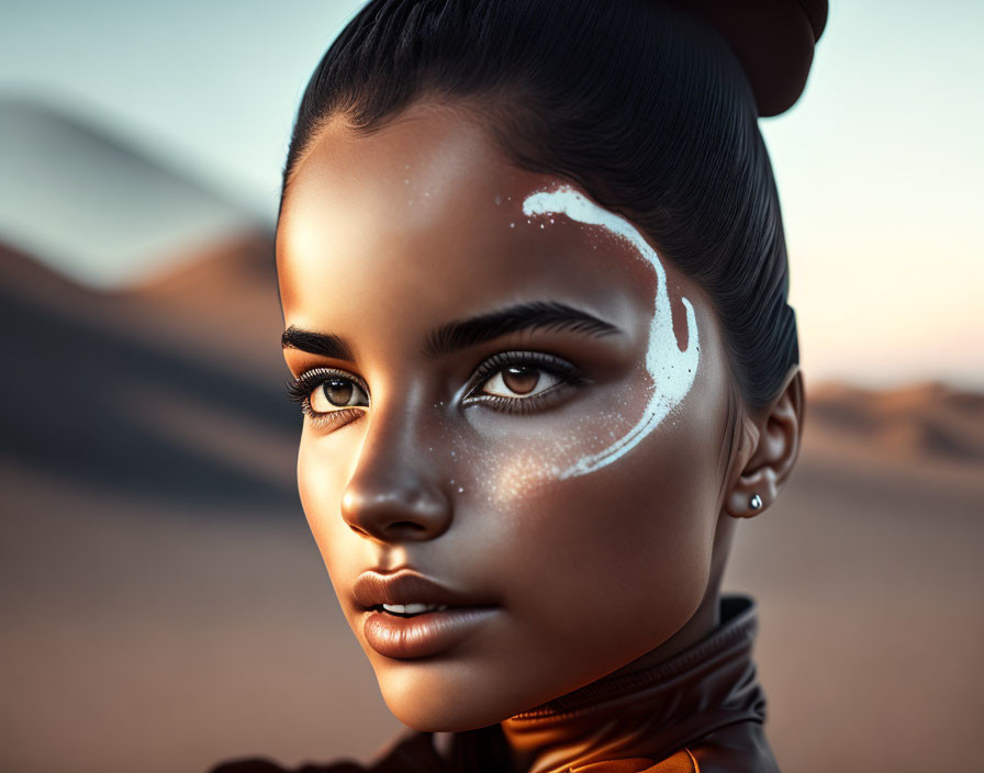 Woman with White Crescent Facial Markings and Piercing Eyes in Desert Scene