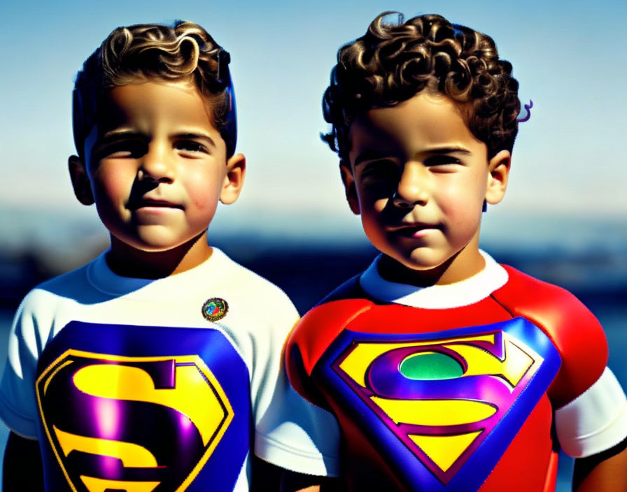 Two young boys in superhero t-shirts with "S" logos against a clear blue sky