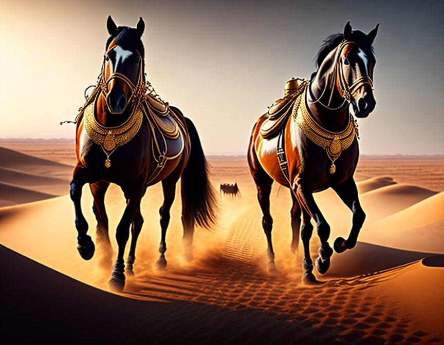 Majestic black horses with gold tack galloping in desert sunset.