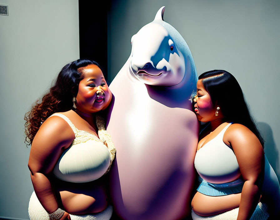 Two women posing with life-sized smiling dolphin sculpture in dimly lit room