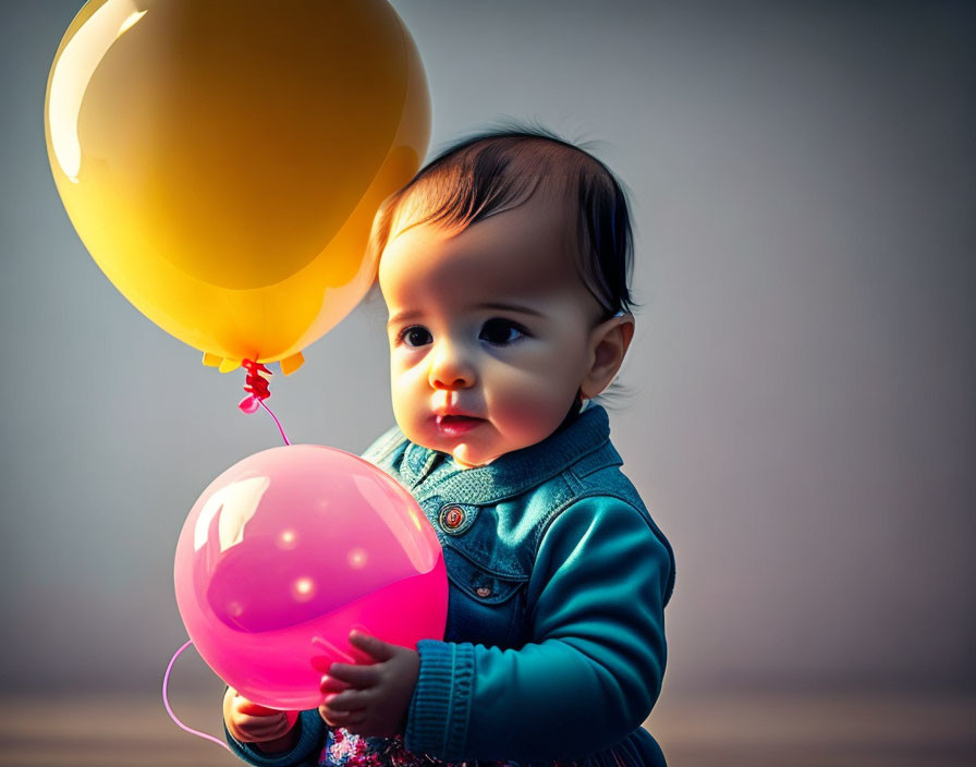 Surprised toddler holding pink and yellow balloons in soft lighting