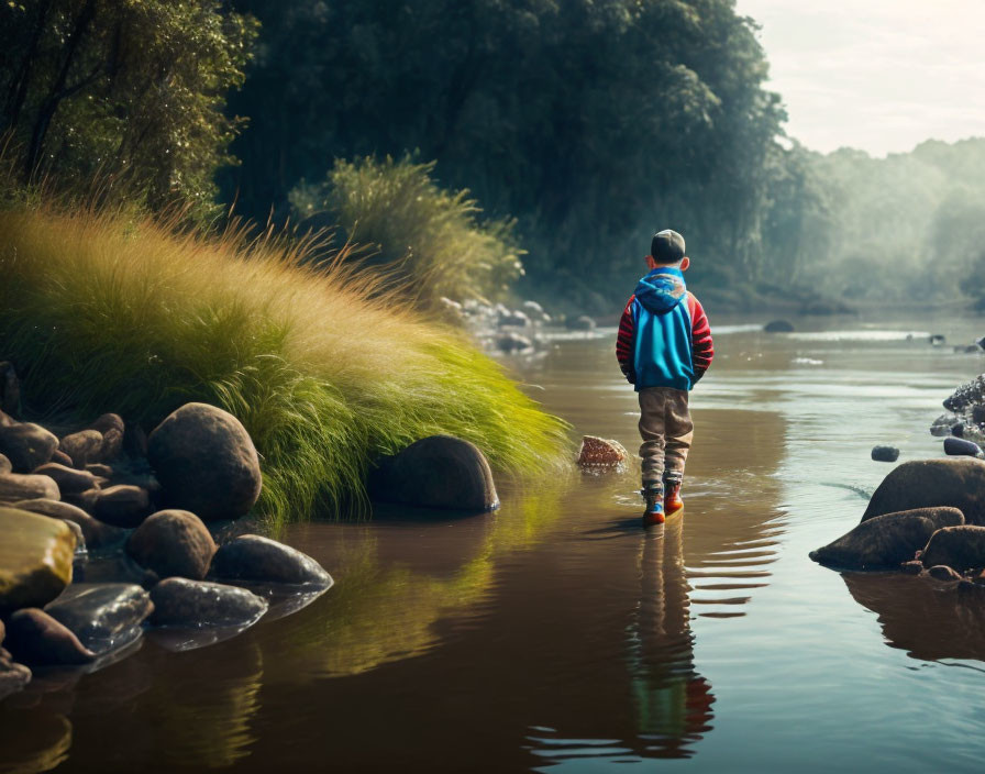 Child in Red Jacket Walking by Forest River Amidst Lush Greenery