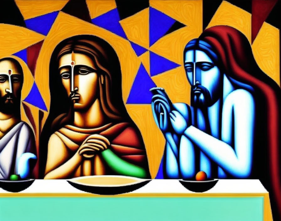 Geometric and Vibrant Biblical Art Depicting Jesus and Disciples