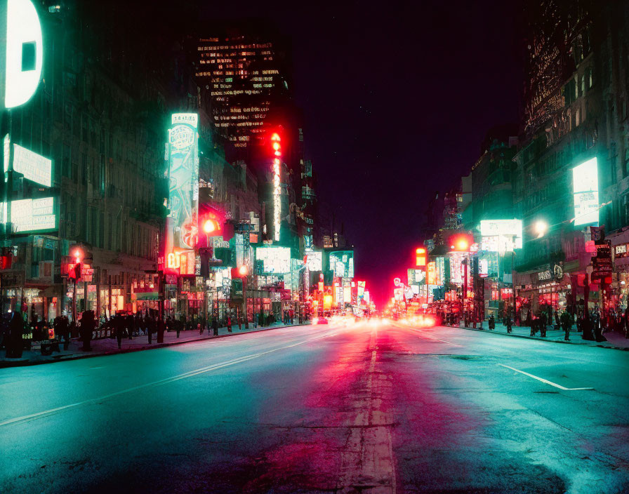 Neon-lit Street at Night with Advertising Signs