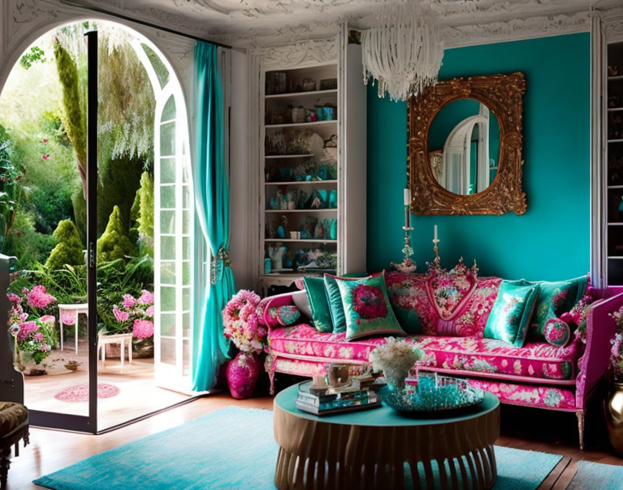 Teal Walls, Pink Sofa, Gold Mirror: Vibrant Living Room Decor