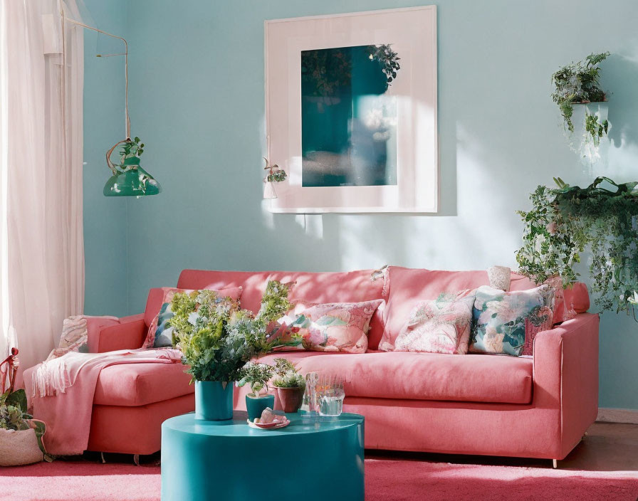 Pastel Pink Sofa, Turquoise Coffee Table, and Green Accents in Cozy Living Room