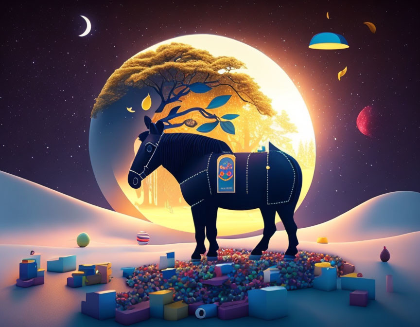 Colorful Horse Illustration with Toys, Balloons, and Moon