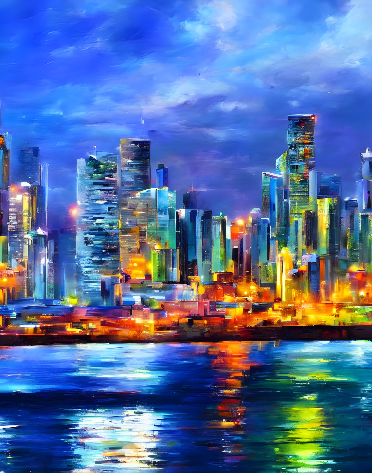 Colorful cityscape painting of bustling metropolis at night