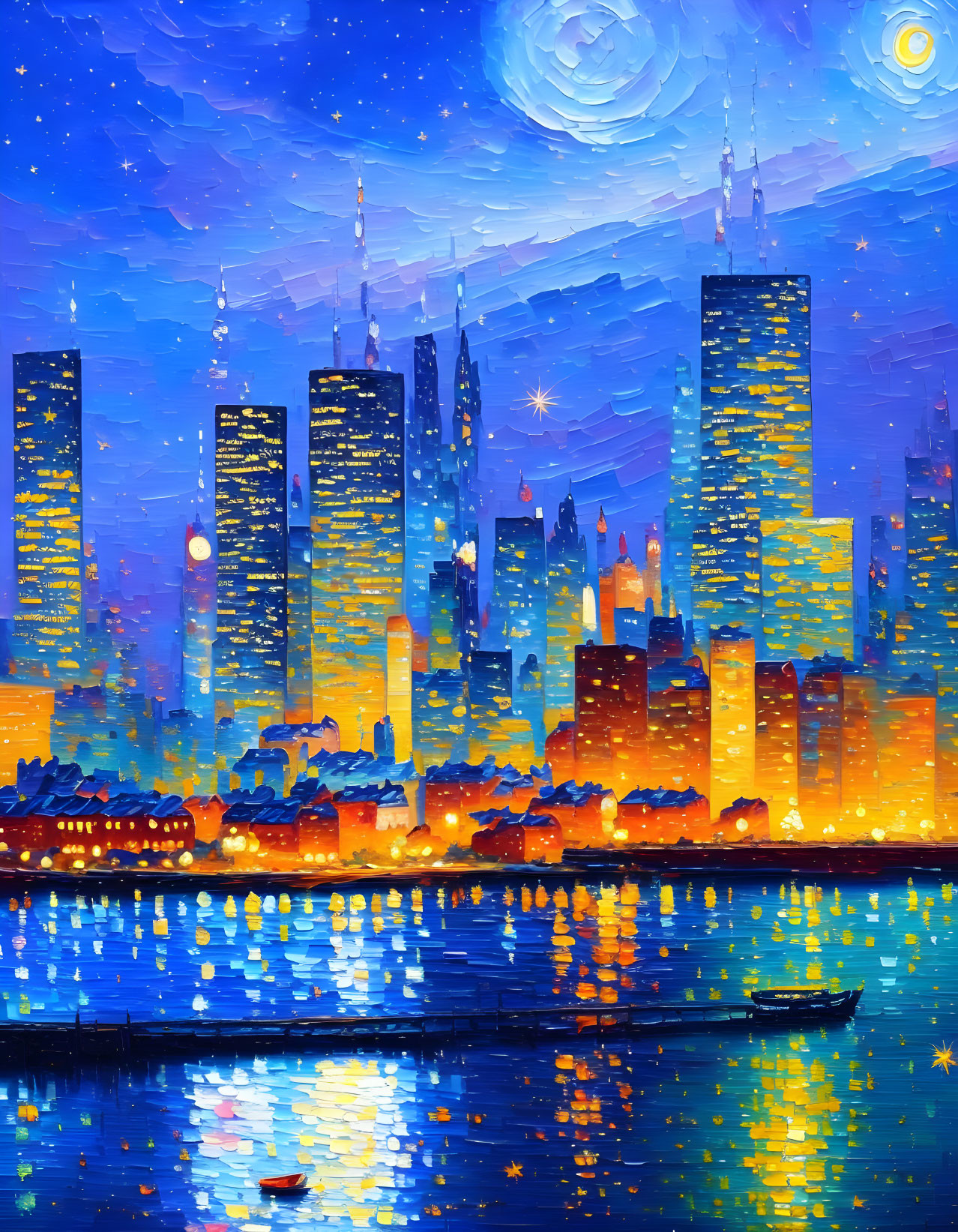 City skyline painting: vibrant impressionist style, night scene with water reflection and starry blue sky