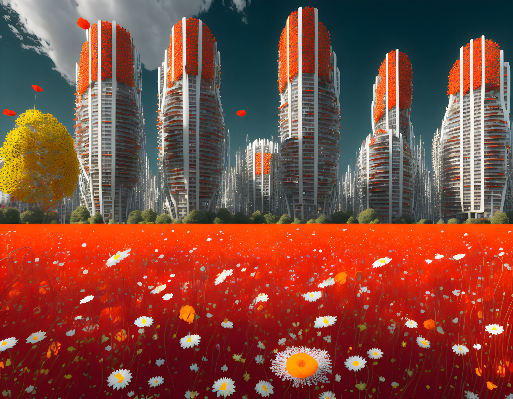 Unique futuristic cityscape with tall towers and red poppies in vibrant field.