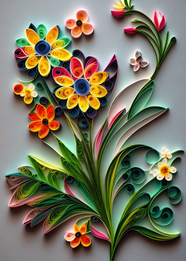 Vibrant Paper Quilling Bouquet on Gray Background