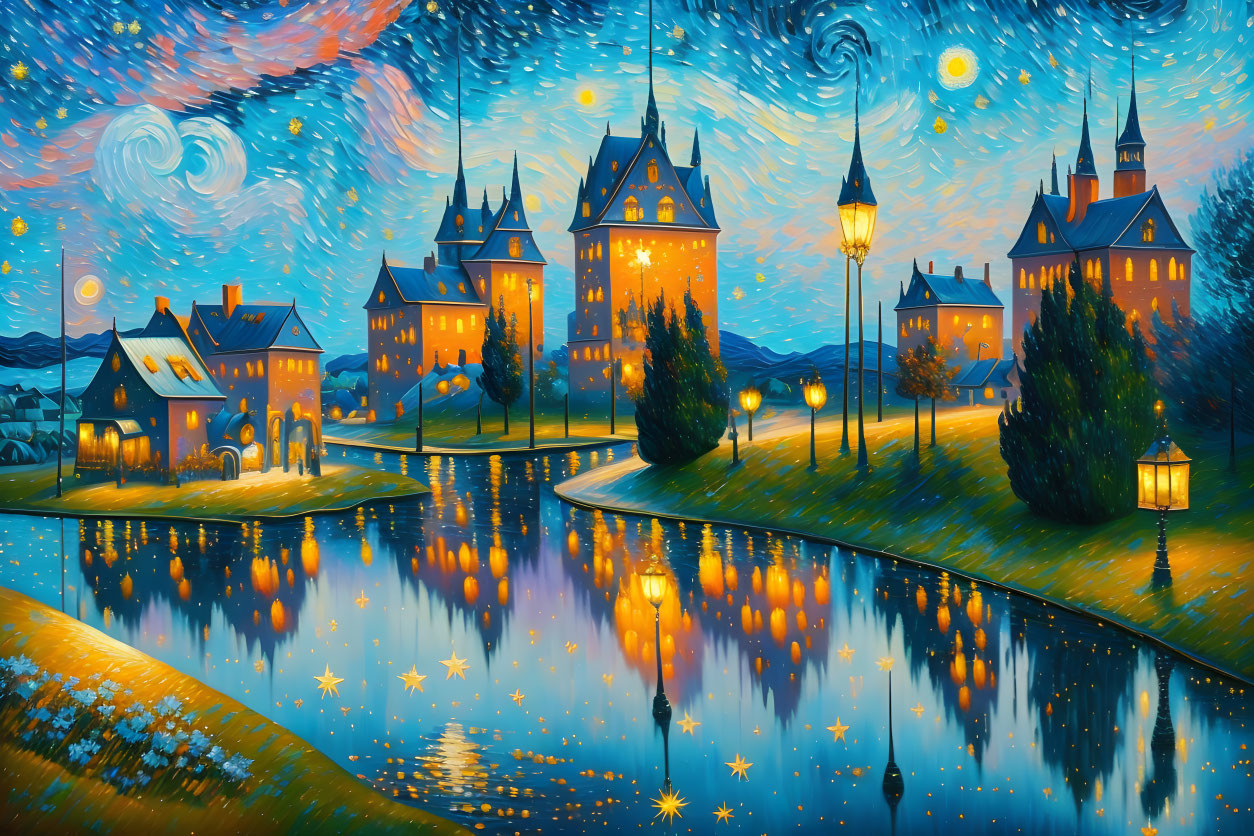 Colorful Stylized Artwork: Whimsical Night Scene with Castles, River, and