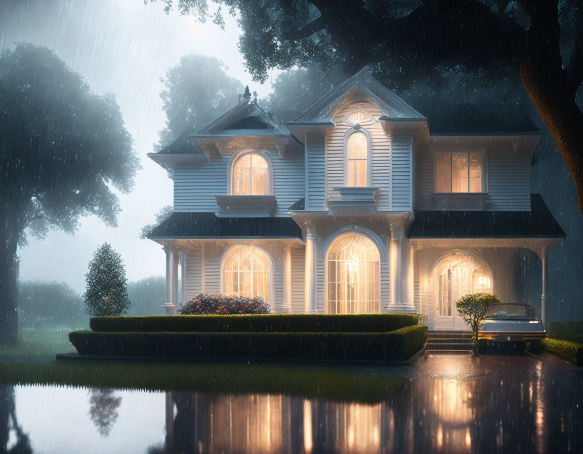 Traditional Two-Story House with Warm Interior Lighting on Rainy Evening