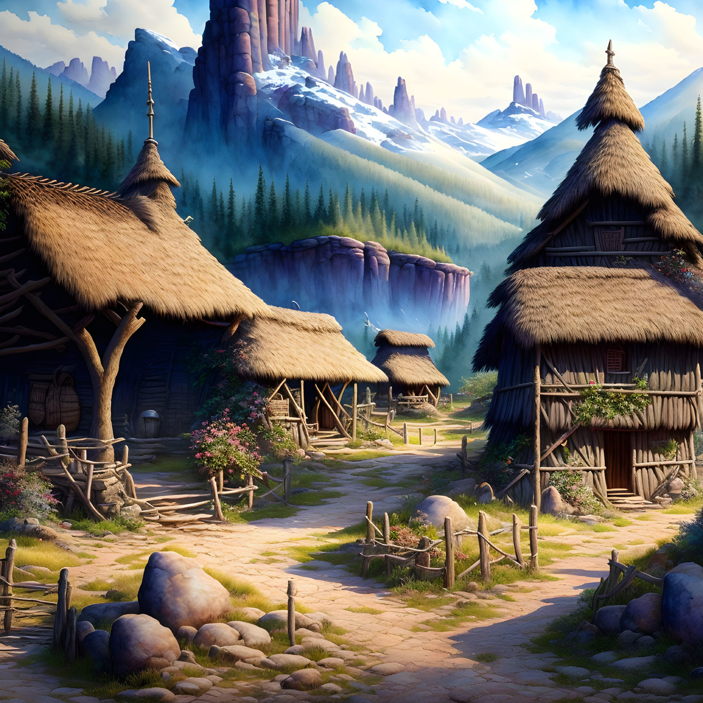 Scenic fantasy village with thatched-roof cottages, lush forests, and mountains