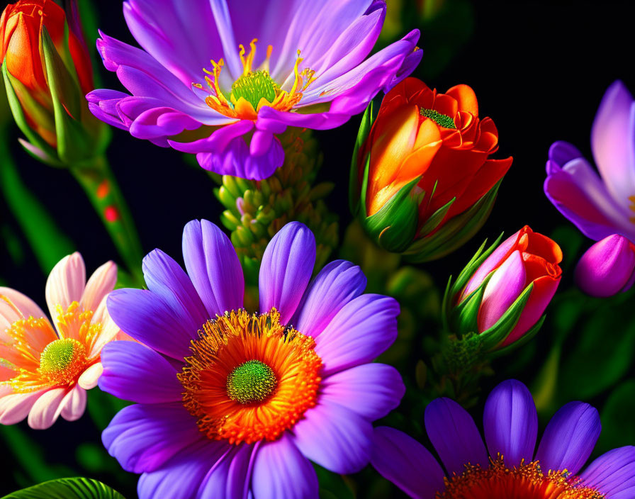 Colorful Purple and Orange Flowers on Dark Background with Detailed Petals