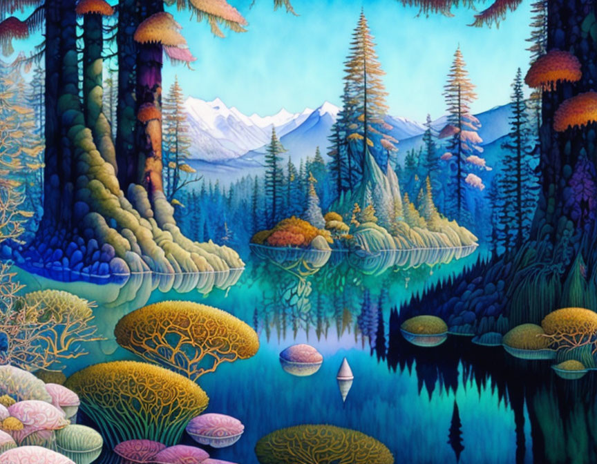 Fantastical forest landscape with serene lake and coral-like trees