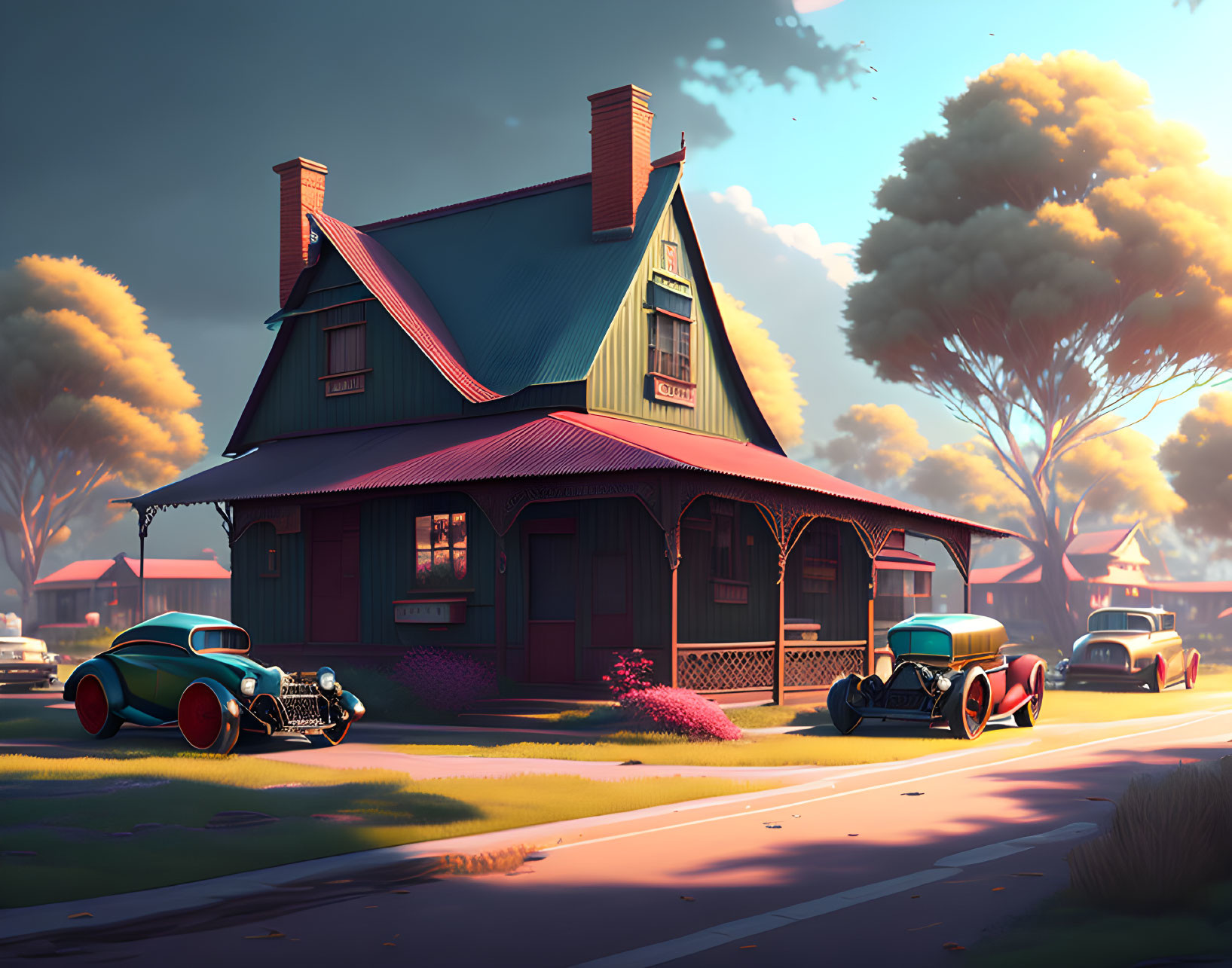 Vintage House with Porch and Classic Car in Tranquil Suburban Sunset Setting