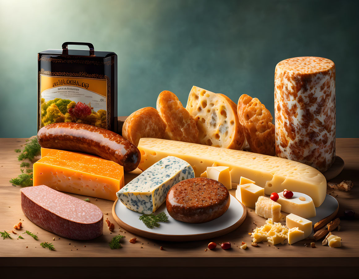 Assortment of cheeses, sausage, bread, and olive oil on wooden table