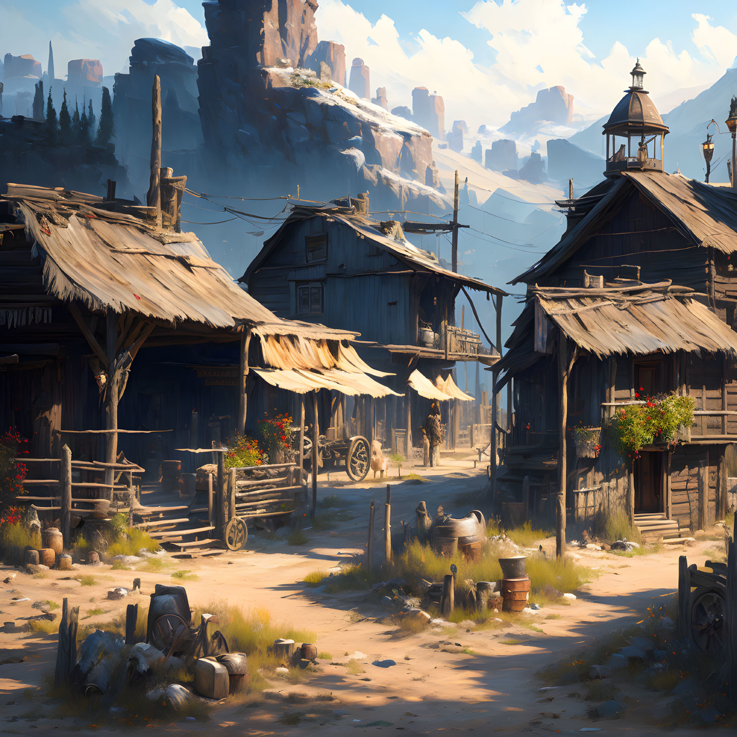 Sunlit rustic western town with wooden buildings, barrels, cart, and desert rock formations.