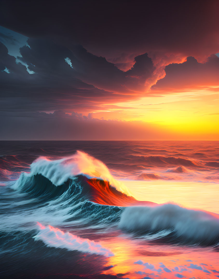 Dramatic ocean sunset with fiery clouds and reflecting light